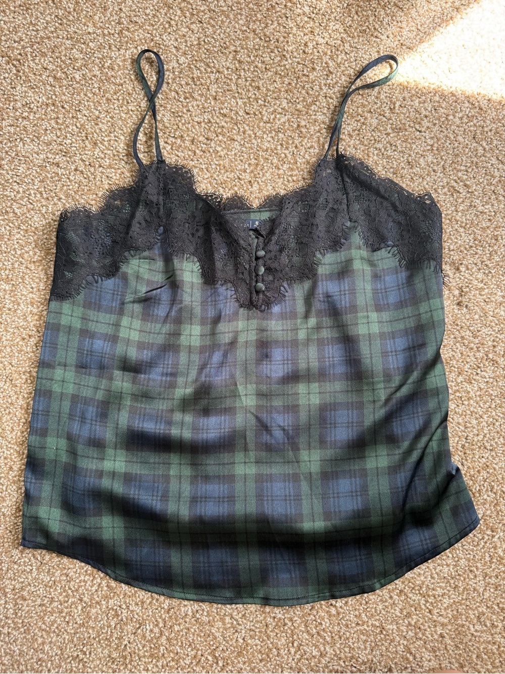 Abercrombie & Fitch Black and Green Plaid Lace-Trim Cami